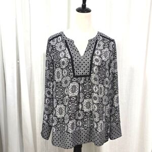 2/$30 DR2 Black & White Abstract Print Womens Tunic Sz M Lightweight Long Sleeve
